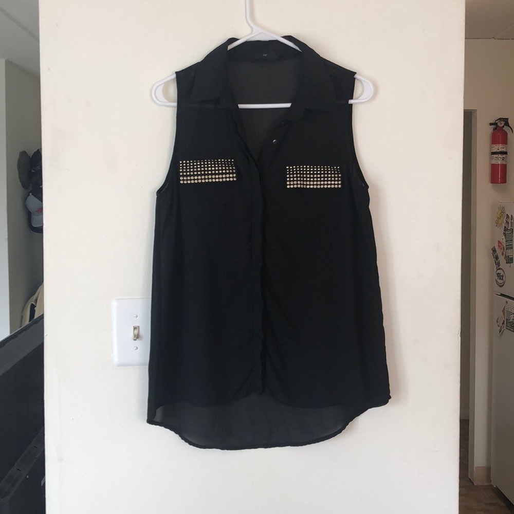 Sheer Black Sleeveless Collar Shirt
